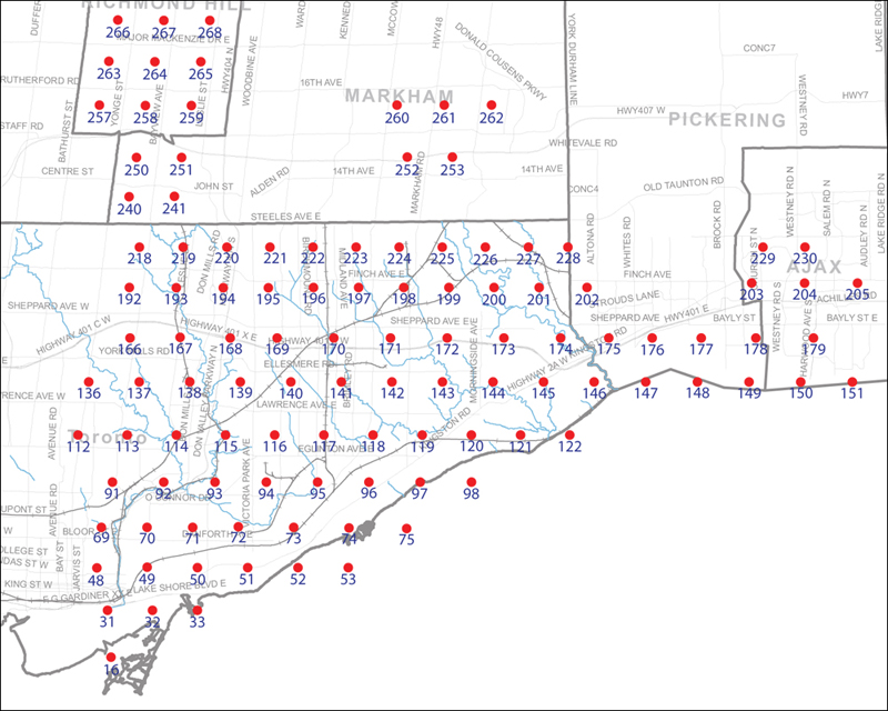 An index map of the area covered by the municipalities of Richmond Hill, Markham, Pickering, Ajax and Toronto east of Yonge Street, linking to high-resolution scanned aerial photographs.