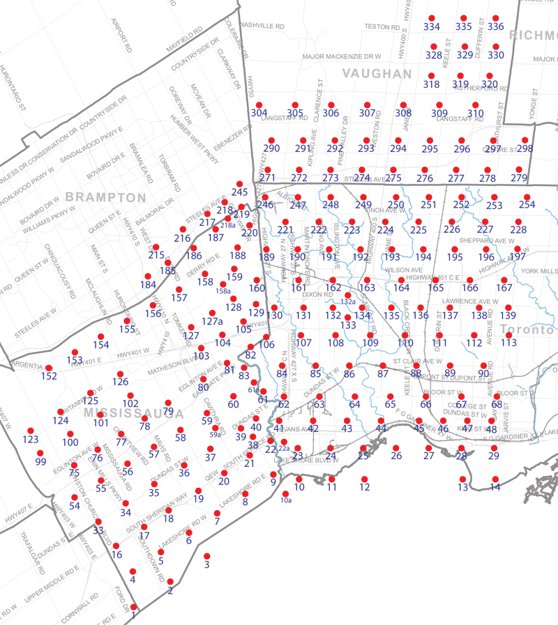 An index map of the area covered by the municipalities of Mississauga, Vaughan and Toronto west of Yonge Street, linking to high-resolution scanned aerial photographs.