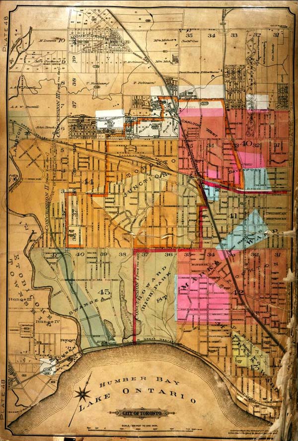 A colour index map of the area bounded by St Clair Avenue to the north, Dufferin Street to the west, Lake Ontario to the south and Leslie Street to the east, linking to high-resolution scanned fire insurance plans.