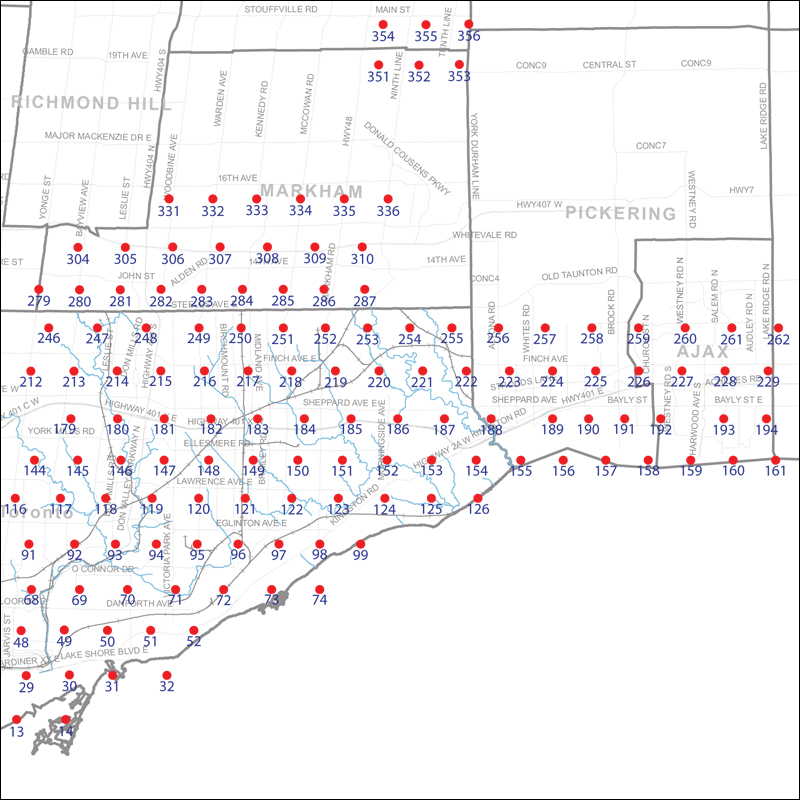 An index map of the area covered by the municipalities of Markham, Pickering, Ajax and Toronto east of Yonge Street, linking to high-resolution scanned aerial photographs.