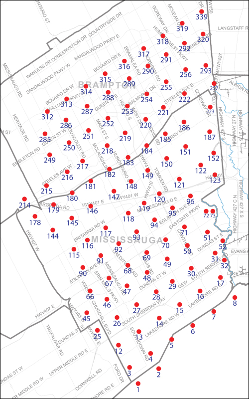 An index map of the area covered by the municipalities of Mississauga and Brampton, linking to high-resolution scanned aerial photographs.