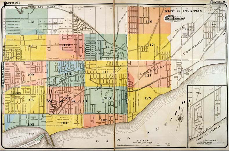 A colour index map of the area bounded by St Clair Avenue to the north, Pape Avenue to the west, Lake Ontario to the south and Midland Avenue to the east, linking to high-resolution scanned fire insurance plans.