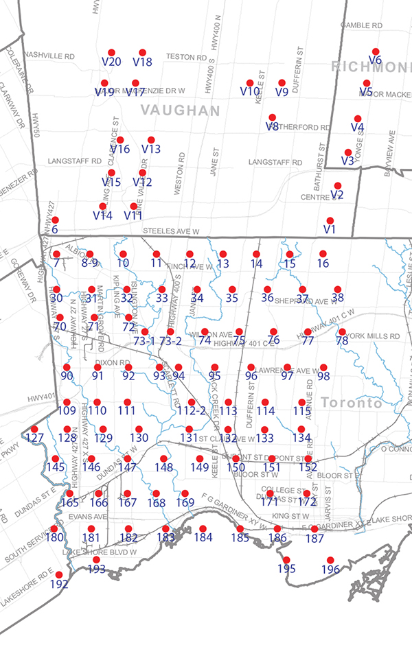 An index map of the area covered by the municipalities of Vaughan, Richmond Hill and Toronto west of Yonge Street, linking to high-resolution scanned aerial photographs.