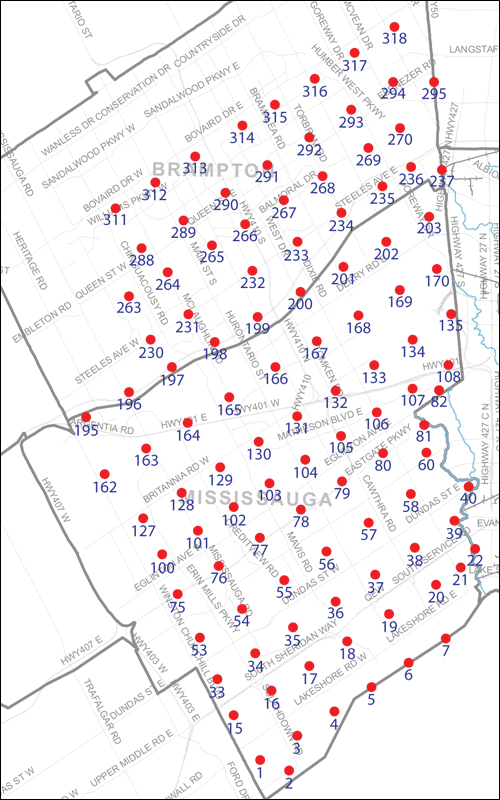 An index map of the area covered by the municipalities of Mississauga and Brampton, linking to high-resolution scanned aerial photographs.