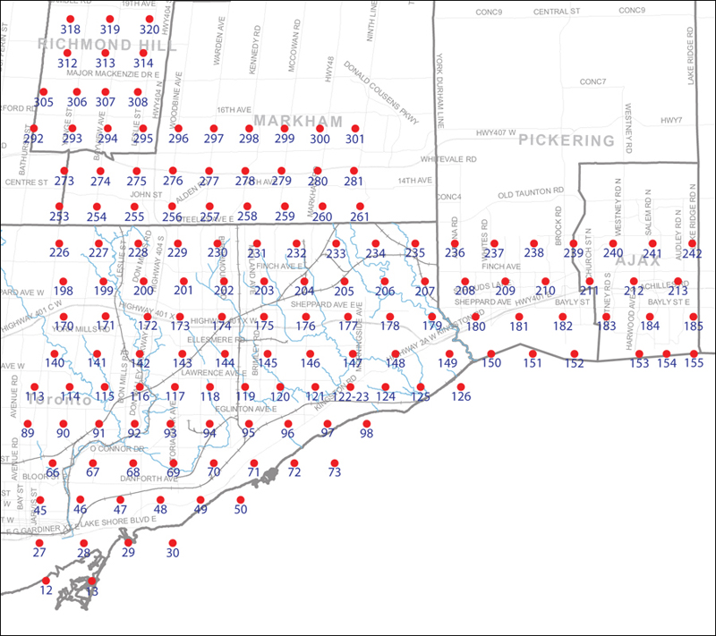 An index map of the area covered by the municipalities of Richmond Hill, Markham, Pickering, Ajax and Toronto east of Yonge Street, linking to high-resolution scanned aerial photographs.