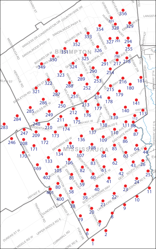 An index map of the area covered by the municipalities of Mississauga and Brampton, linking to high-resolution scanned aerial photographs.