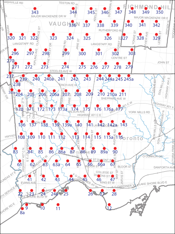 An index map of the area covered by the municipalities of Vaughan, Richmond Hill and Toronto west of Yonge Street, linking to high-resolution scanned aerial photographs.