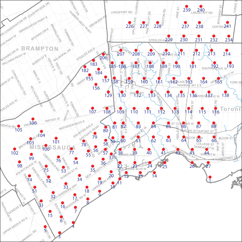 An index map of the area covered by the municipalities of Mississauga, Vaughan and Toronto west of Yonge Street, linking to high-resolution scanned aerial photographs.