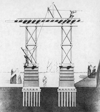 Sculpture showing Chinese men building a railway bridge.