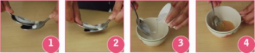 A spoon to holding a pill with another one crushing it , adding a small amount of water and then adding a small amount of soft food.