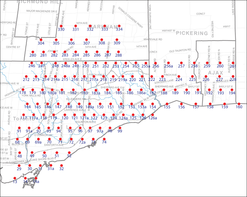 An index map of the area covered by the municipalities of Markham, Pickering, Ajax and Toronto east of Yonge Street, linking to high-resolution scanned aerial photographs.