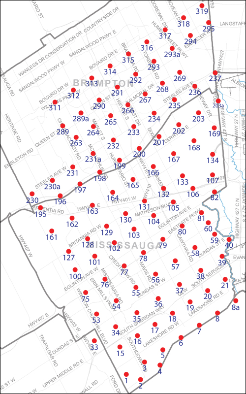 An index map of the area covered by the municipalities of Mississauga and Brampton, linking to high-resolution scanned aerial photographs.
