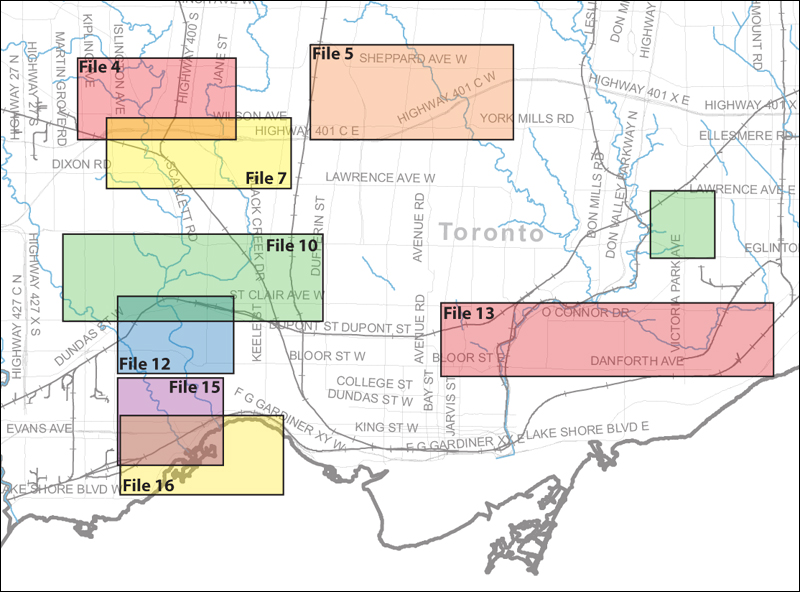 An index map of the City of Toronto bounded by Etobicoke Creek to the west, Steeles Avenue to the north, the Rouge River to the east and Lake Ontario to the south, linking to high-resolution scanned aerial photographs.