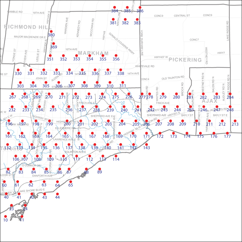 An index map of the area covered by the municipalities of Markham, Pickering, Ajax and Toronto east of Yonge Street, linking to high-resolution scanned aerial photographs.