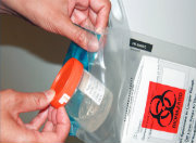 Putting a sputum collection bottle into a plastic bag.
