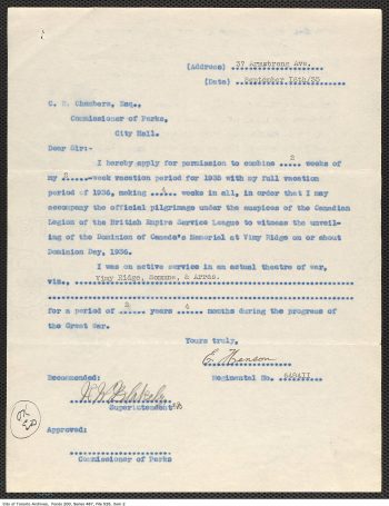 Parks Department staff vacation request for the Vimy pilgrimage, 1935