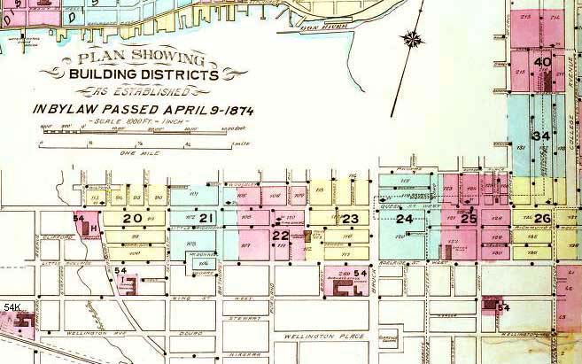 A colour index map of the area bounded by College Street to the north, Niagara Street to the west, Lake Ontario to the south and University Avenue to the east, linking to high-resolution scanned fire insurance plans.