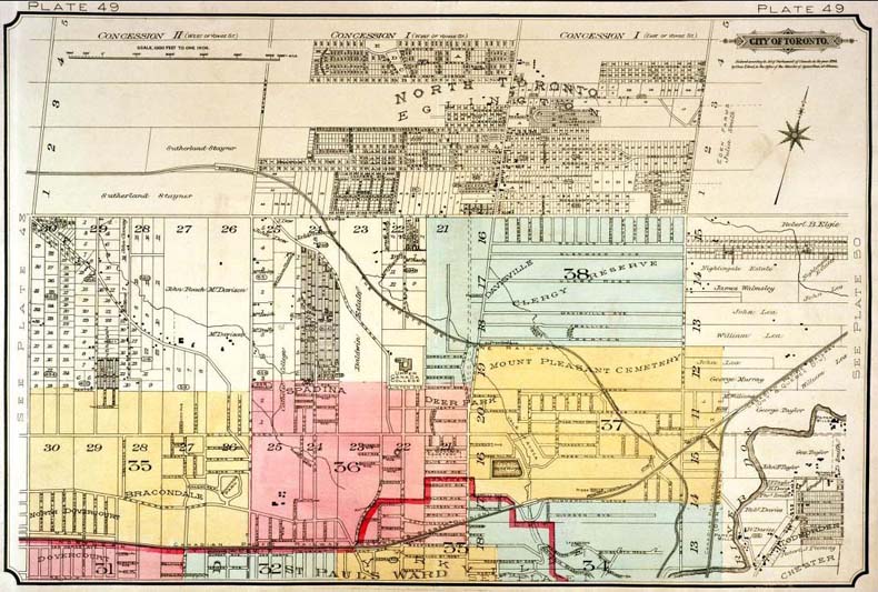 A colour index map of the area bounded by Eglinton Avenue to the north, Dufferin Street to the west, Bloor Street to the south and the Don River to the east, linking to high-resolution scanned fire insurance plans.