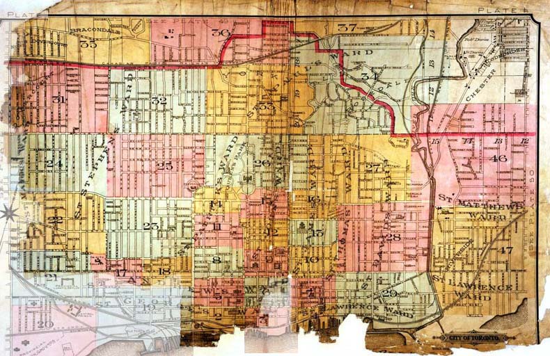 A colour index map of the area bounded by St Clair Avenue to the north, Dufferin Street to the west, Lake Ontario to the south and Leslie Street to the east, linking to high-resolution scanned fire insurance plans.