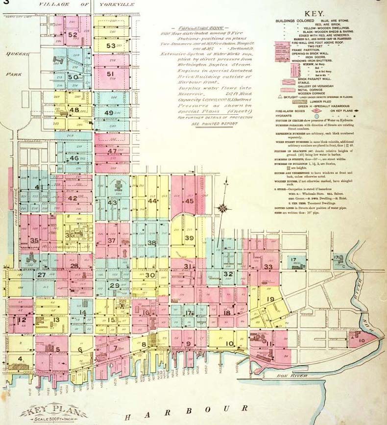 A colour index map of the area bounded by Bloor Street to the north, University Avenue to the west, Lake Ontario to the south and the Don River to the east, linking to high-resolution scanned fire insurance plans.
