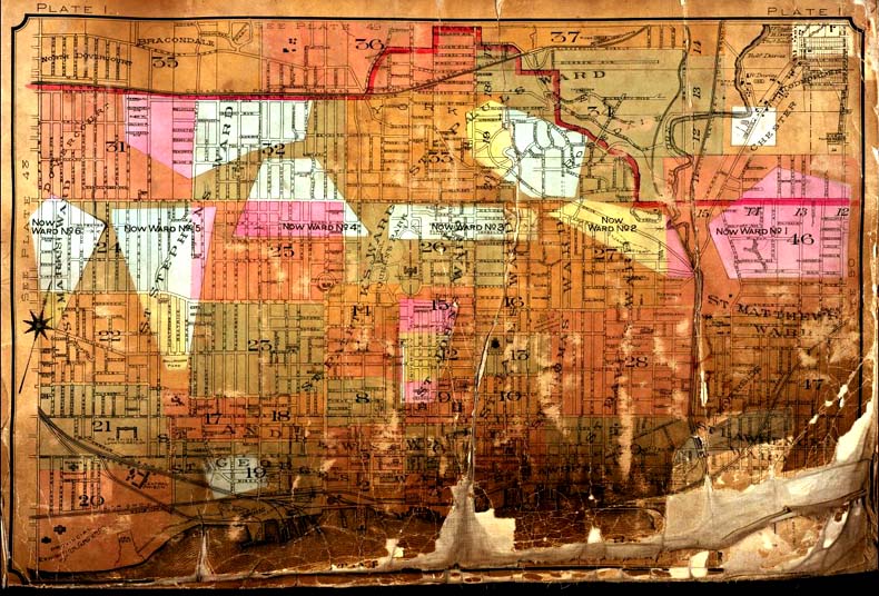 A colour index map of the area bounded by St Clair Avenue to the north, Dufferin Street to the west, Lake Ontario to the south and Leslie Street to the east, linking to high-resolution scanned fire insurance plans.