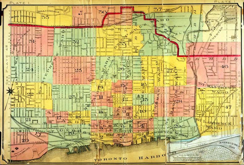 A colour index map of the area bounded by St Clair Avenue to the north, Dufferin Street to the west, Lake Ontario to the south and Leslie Street to the east, linking to high-resolution scanned fire insurance plans.