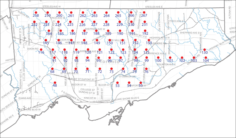 An index map of the City of Toronto bounded by Etobicoke Creek to the west, Steeles Avenue to the north, the Rouge River to the east and Lake Ontario to the south, linking to high-resolution scanned aerial photographs.