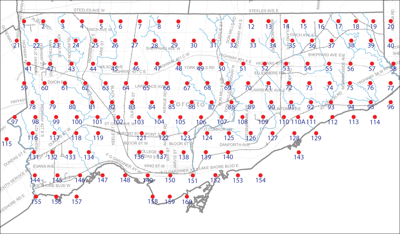 An index map of the City of Toronto bounded by Etobicoke Creek to the west, Steeles Avenue to the north, the Rouge River to the east and Lake Ontario to the south, linking to high-resolution scanned aerial photographs.