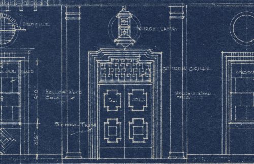Detail of blueprint showing an ornate door.
