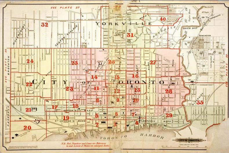 A colour index map of the area bounded by St Clair Avenue to the north, Dufferin Street to the west, Lake Ontario to the south and the Don River to the east, linking to high-resolution scanned fire insurance plans. 