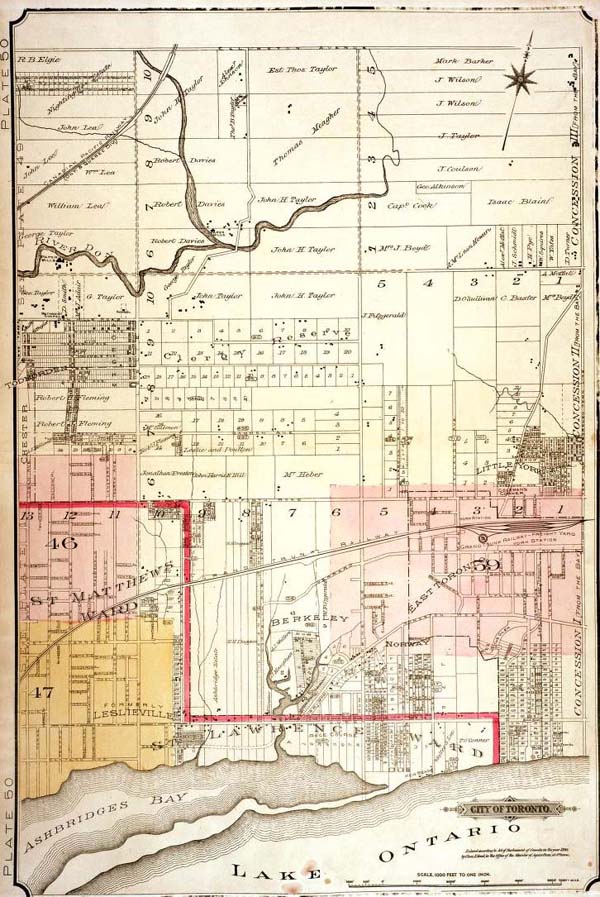 A colour index map of the area bounded by Eglinton Avenue to the north, the Don River to the west, Lake Ontario to the south and Victoria Park Avenue to the east, linking to high-resolution scanned fire insurance plans.