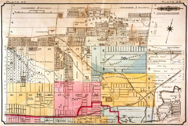 A colour index map of the area bounded by Eglinton Avenue to the north, Dufferin Street to the west, Bloor Street to the south and the Don River to the east, linking to high-resolution scanned fire insurance plans.