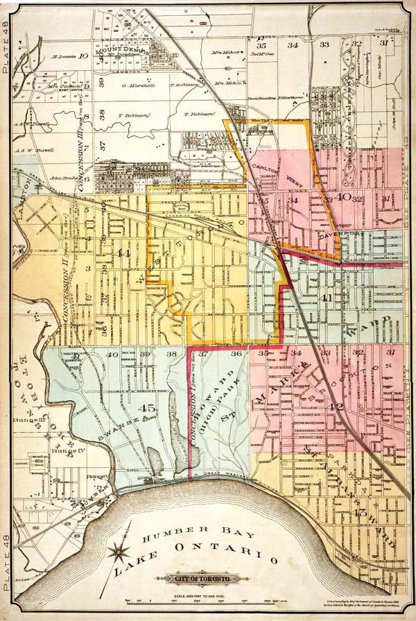 A colour index map of the area bounded by St Clair Avenue to the north, the Humber River to the west, Lake Ontario to the south and Dufferin Street to the east, linking to high-resolution scanned fire insurance plans in colour.