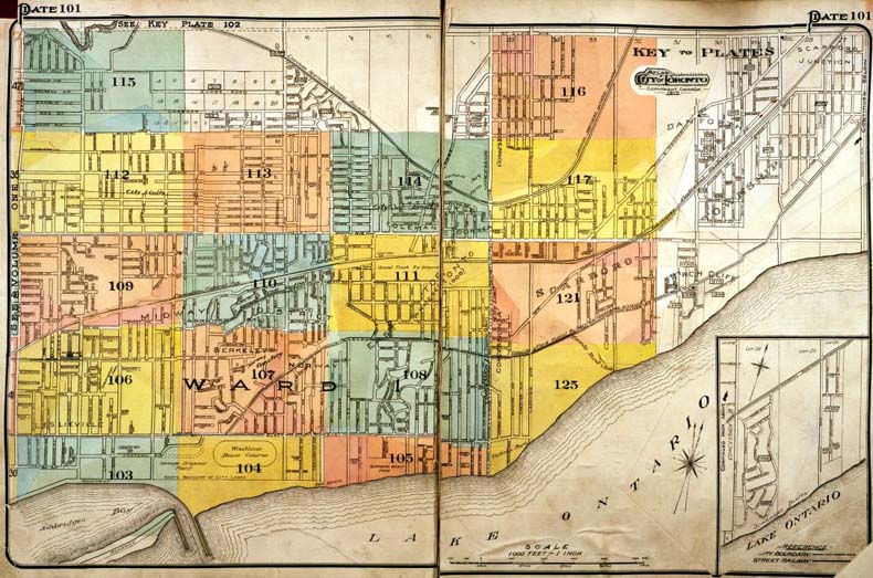 A colour index map of the area bounded by St Clair Avenue to the north, Pape Avenue to the west, Lake Ontario to the south and Midland Avenue to the east, linking to high-resolution scanned fire insurance plans.