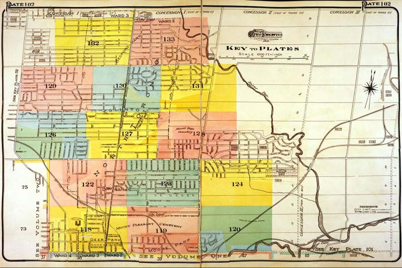 A colour index map of the area bounded by Lawrence Avenue to the north, Bathurst Street to the west, St Clair Avenue to the south and Victoria Park Avenue to the east, linking to high-resolution scanned fire insurance plans.