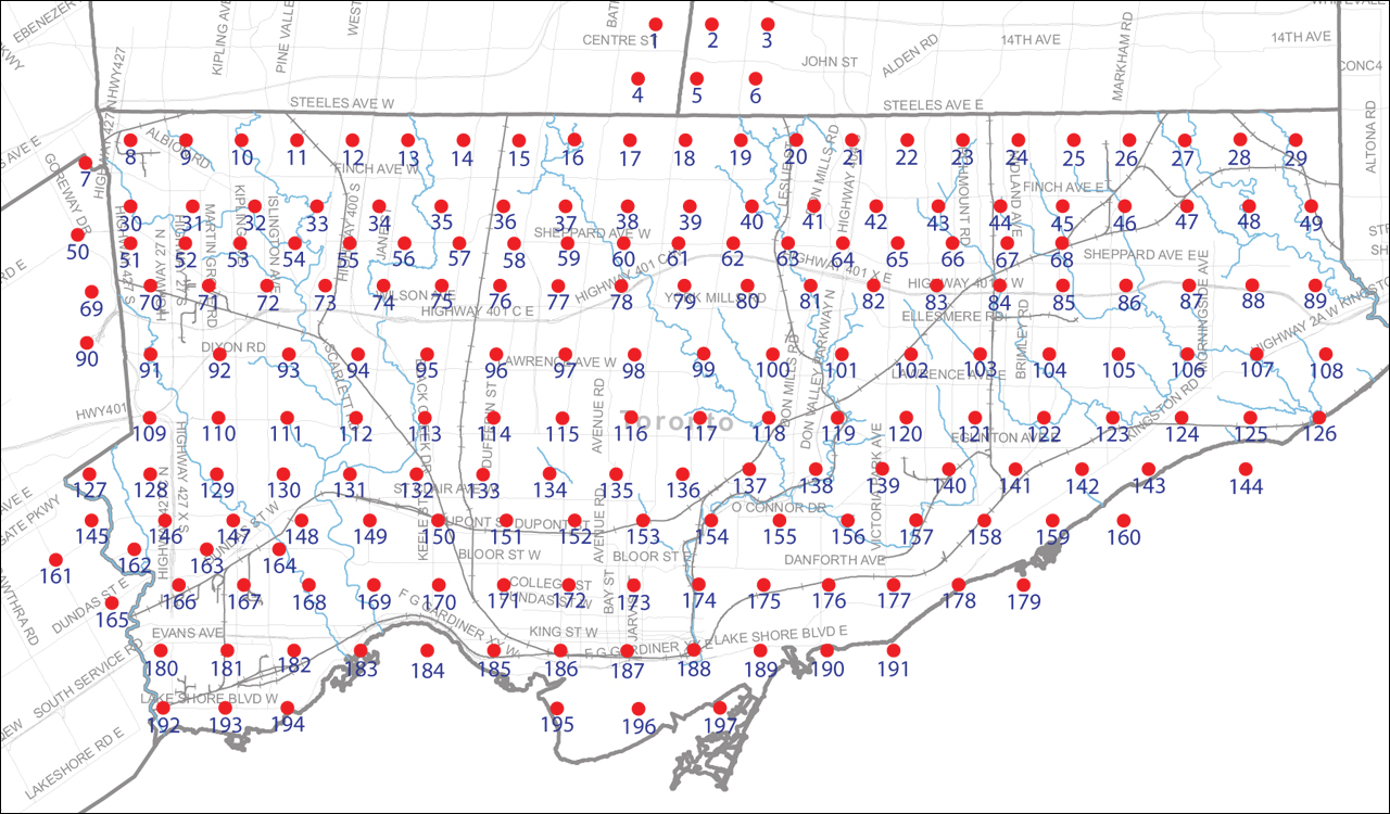 An index map of the City of Toronto bounded by Etobicoke Creek to the west, Steeles Avenue to the north, the Rouge River to the east and Lake Ontario to the south, linking to high-resolution scanned aerial photographs.