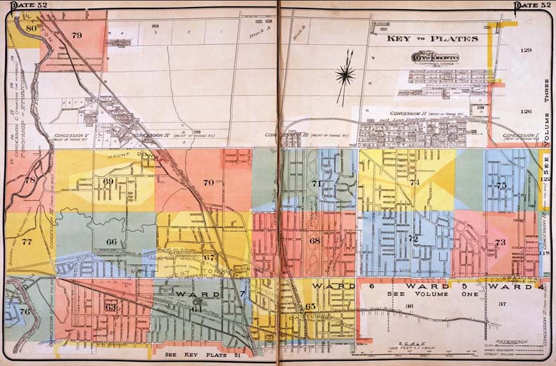 A colour index map of the area bounded by Lawrence Avenue to the north, the Humber River to the west, Annette Street to the south and Bathurst Street to the east, linking to high-resolution scanned fire insurance plans.