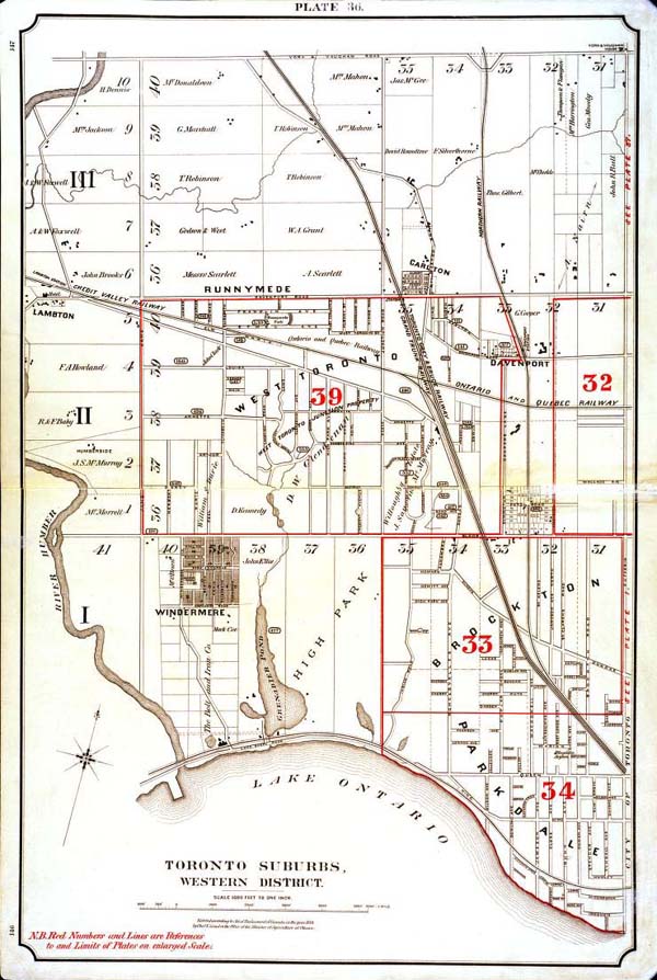 A monochrome index map of the area bounded by St Clair Avenue to the north, the Humber River to the west, Lake Ontario to the south and Dufferin Street to the east, linking to high-resolution scanned fire insurance plans.