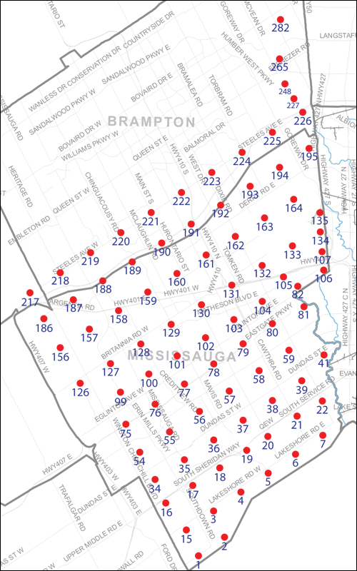 An index map of the area covered by the municipalities of Mississauga and Brampton, linking to high-resolution scanned aerial photographs.