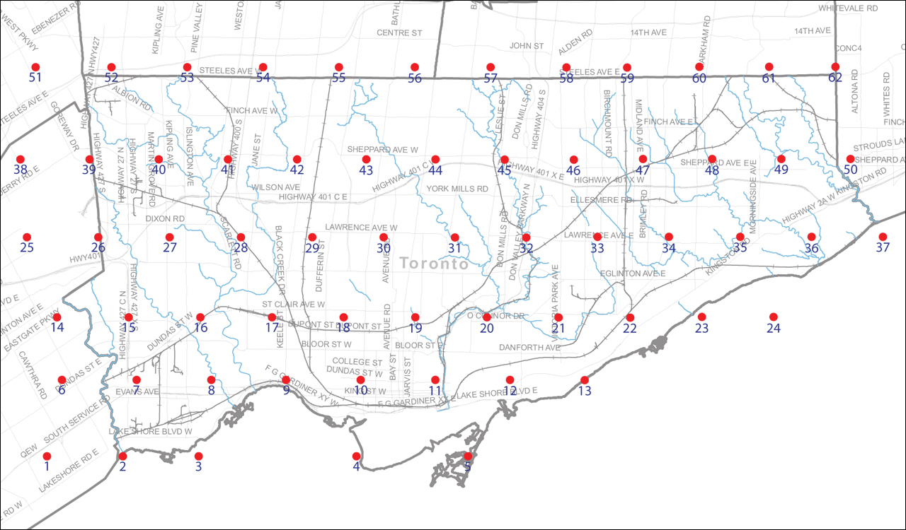 An index map of the City of Toronto bounded by Etobicoke Creek to the west, Steeles Avenue to the north, the Rouge River to the east and Lake Ontario to the south, linking to high-resolution scanned aerial photographs.