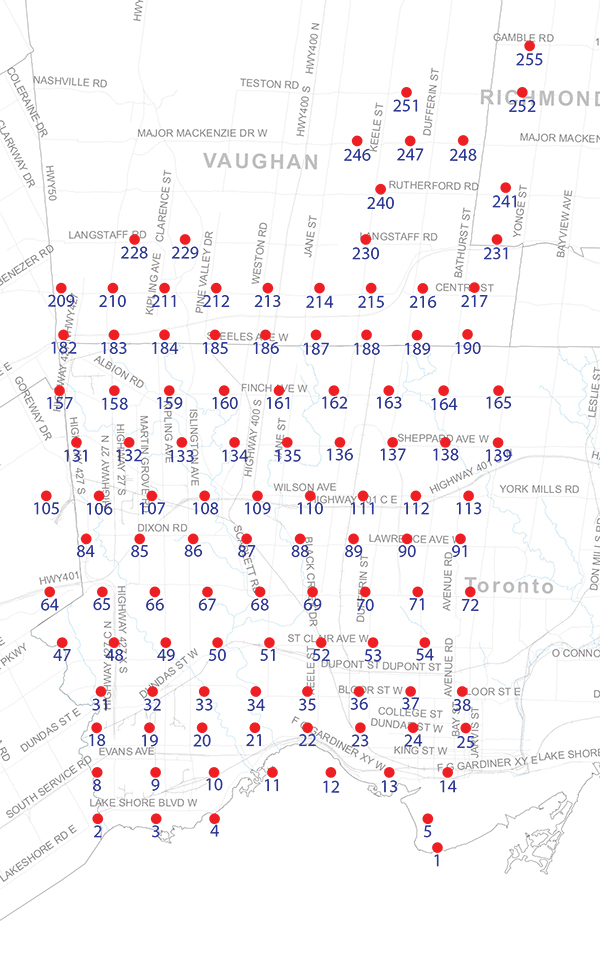 An index map of the area covered by the municipalities of Vaughan, Richmond Hill and Toronto west of Yonge Street, linking to high-resolution scanned aerial photographs.