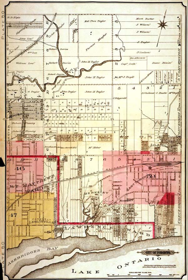 A colour index map of the area bounded by Eglinton Avenue to the north, the Don River to the west, Lake Ontario to the south and Victoria Park Avenue to the east, linking to high-resolution scanned fire insurance plans.