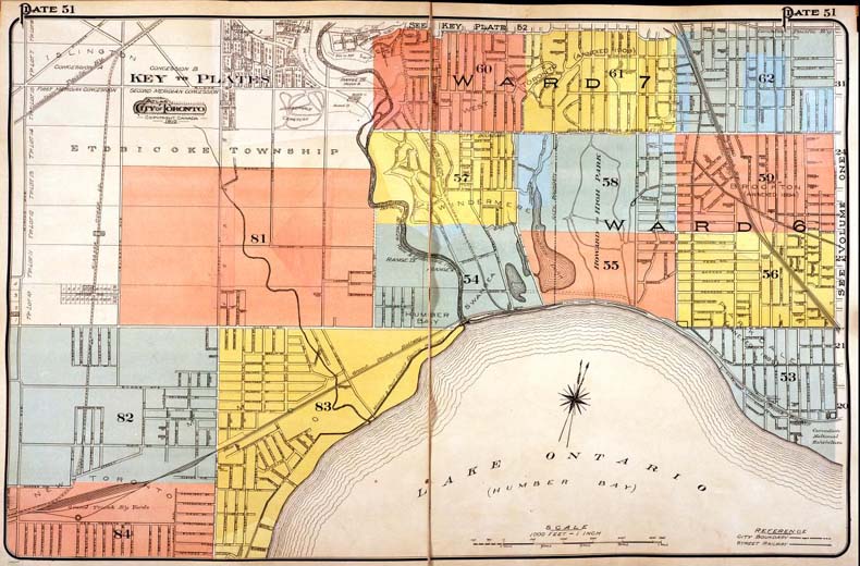 A colour index map of the area bounded by Annette Street to the north, Kipling Avenue to the west, Lake Ontario to the south and Dufferin Street to the east, linking to high-resolution scanned fire insurance plans.