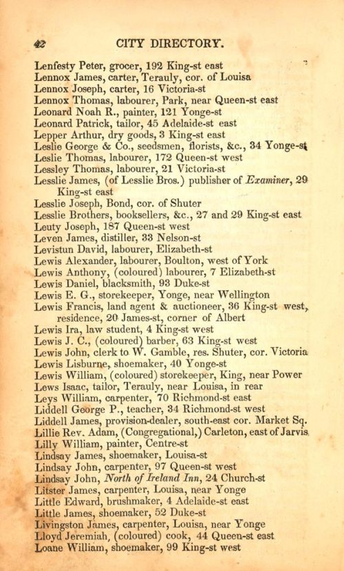 A page from the Toronto city directory of 1846-7 shows four men identified as coloured. Their professions are labourer, barber, storekeeper, and cook.