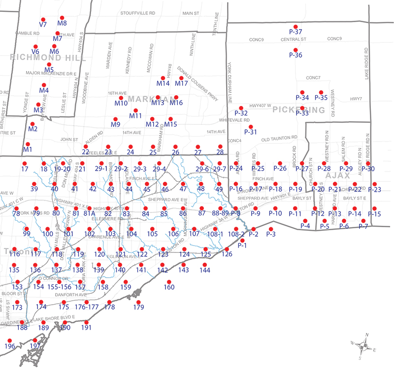 An index map of the area covered by the municipalities of Richmond Hill, Markham, Pickering, Ajax and Toronto east of Yonge Street, linking to high-resolution scanned aerial photographs.