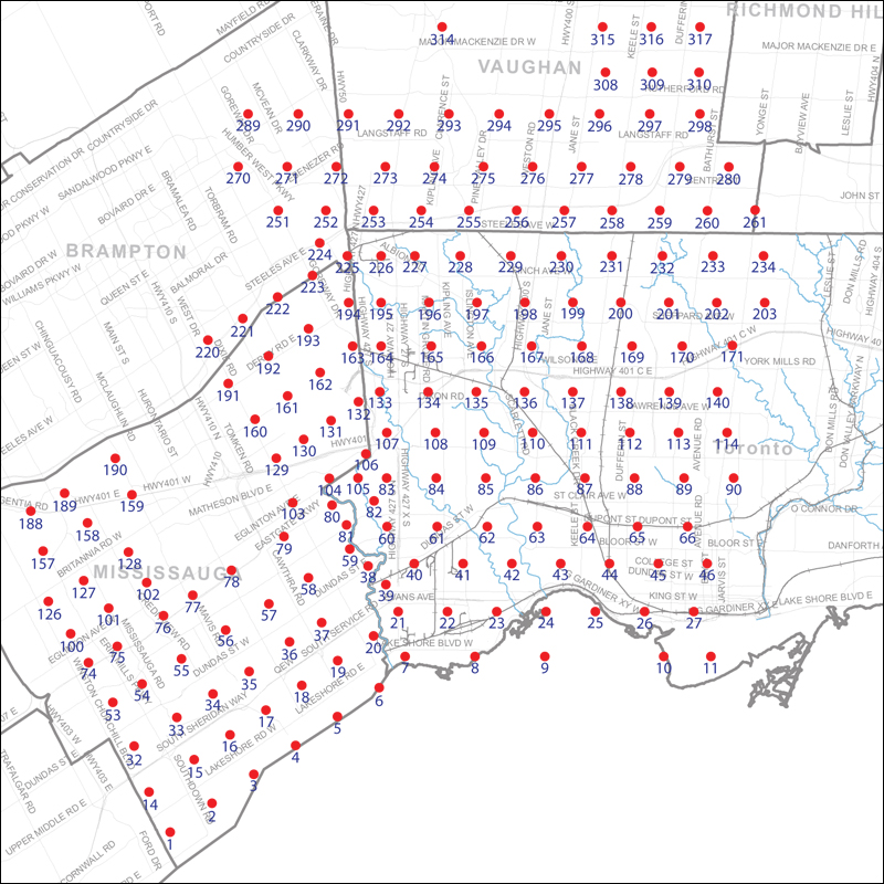 An index map of the area covered by the municipalities of Mississauga, Vaughan and Toronto west of Yonge Street, linking to high-resolution scanned aerial photographs.