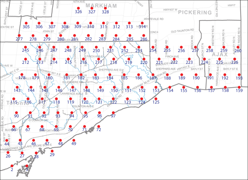 An index map of the area covered by the municipalities of Markham, Pickering, Ajax and Toronto east of Yonge Street, linking to high-resolution scanned aerial photographs.