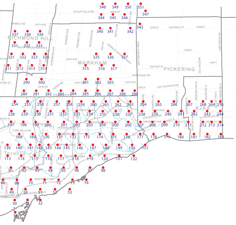 An index map of the area covered by the municipalities of Richmond Hill, Markham, Pickering, Ajax and Toronto east of Yonge Street, linking to high-resolution scanned aerial photographs.