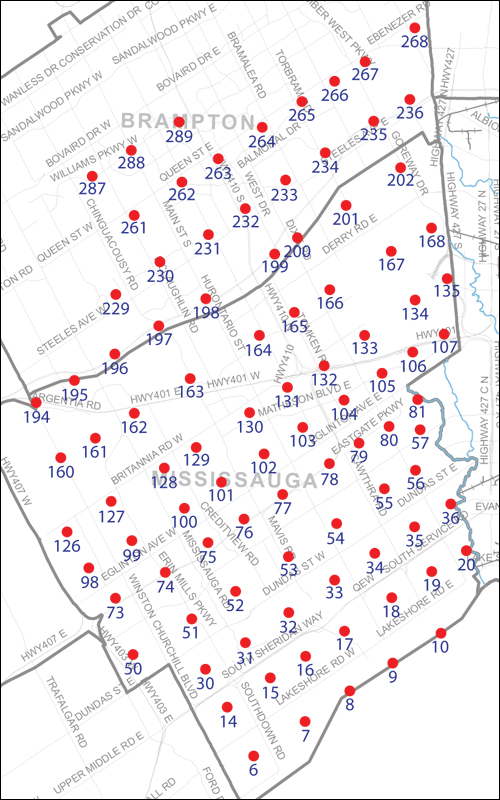 An index map of the area covered by the municipalities of Mississauga and Brampton, linking to high-resolution scanned aerial photographs.