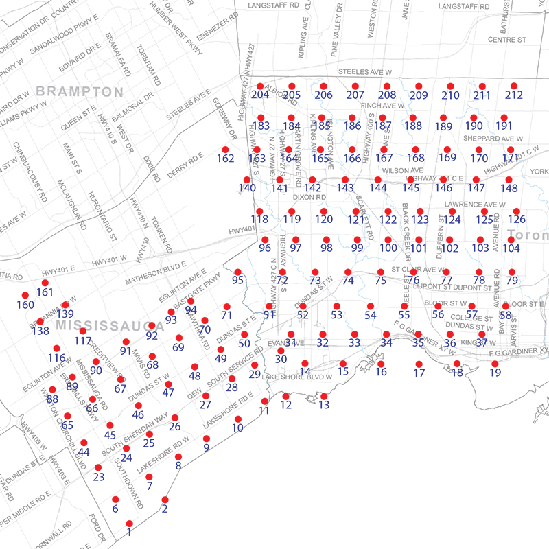 An index map of the area covered by the municipalities of Mississauga and Toronto west of Yonge Street, linking to high-resolution scanned aerial photographs.